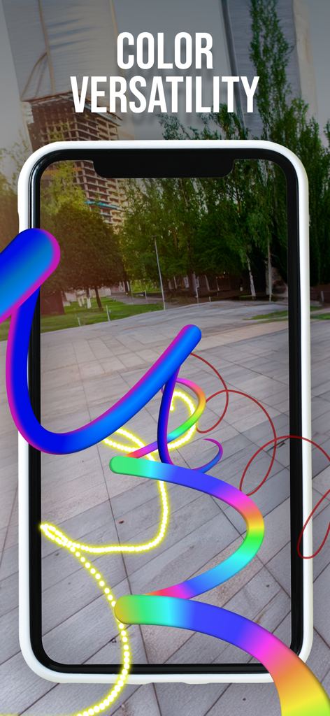 Magic Art - Augmented Reality - iPhone screen displaying vibrant 3D colorful ribbons and glowing lines in an augmented reality outdoor setting