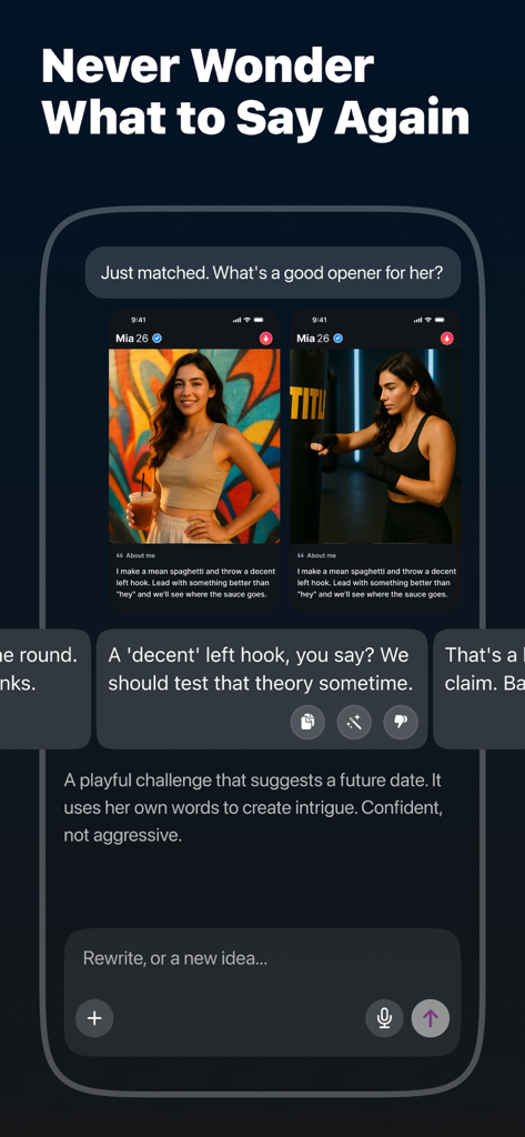 Eden AI: Your Dating Coach - Eden AI dating coach app interface showing a profile-based conversation starter suggestion