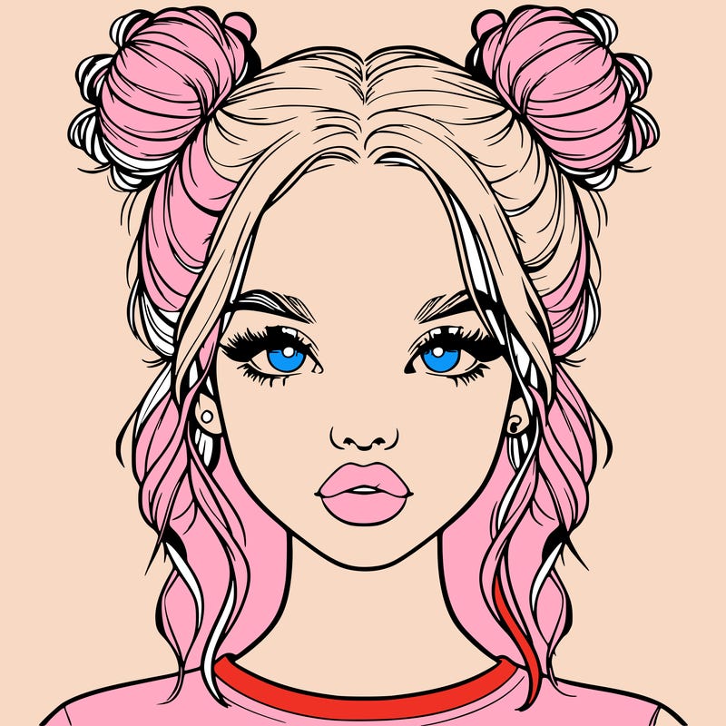 realistic girl with two buns in hair and lips