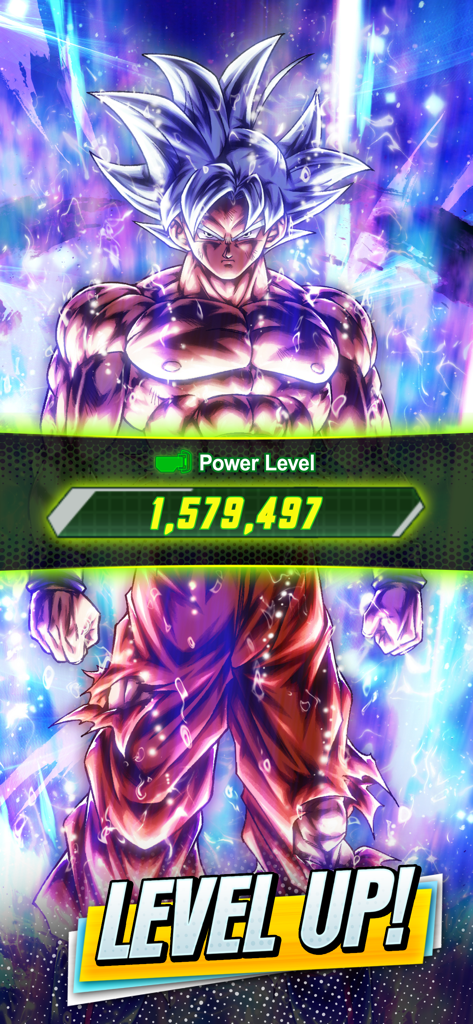 ドラゴンボール レジェンズで100万を超えるパワーレベルを示す身勝手の極意悟空のレベルアップ画面