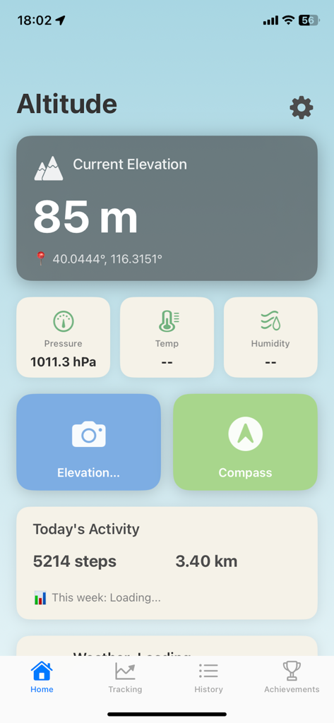 Altitude Camera app main screen showing elevation GPS coordinates and activity tracking