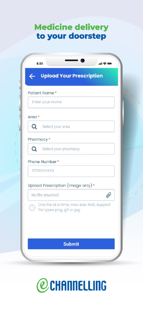 eChannelling - eChannelling mobile app interface showing the upload prescription form for home medicine delivery service