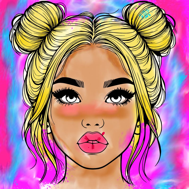 realistic girl with two buns on her hair and lips