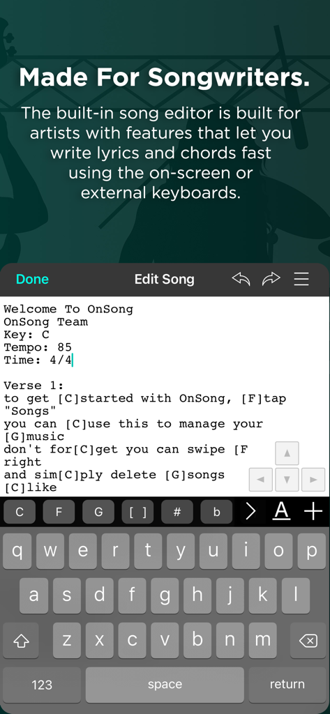 Song editor interface in OnSong 2026 showing lyrics and chord entry