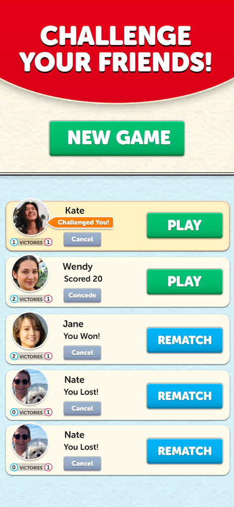 Screenshot of the Word Scramble game showing a list of matches and challenges with friends including buttons for new games and rematches.