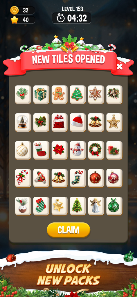 Zen Blossom: Flower Tile Match - 눈사람과 화환과 같은 새로 잠금 해제된 다양한 크리스마스 테마 타일을 보여주는 Zen Blossom 게임 화면