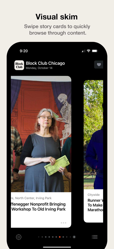 Block Club Chicago app interface showing the visual skim feature with swipeable news cards on a mobile screen