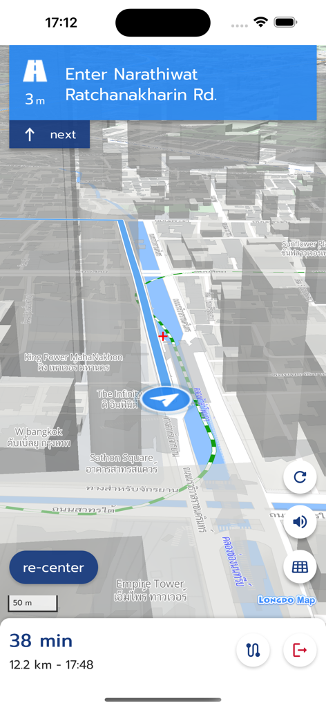 Longdo Map - Tela de navegação 3D do aplicativo Longdo Map mostrando uma rota por Bangkok com tempo e distância de viagem