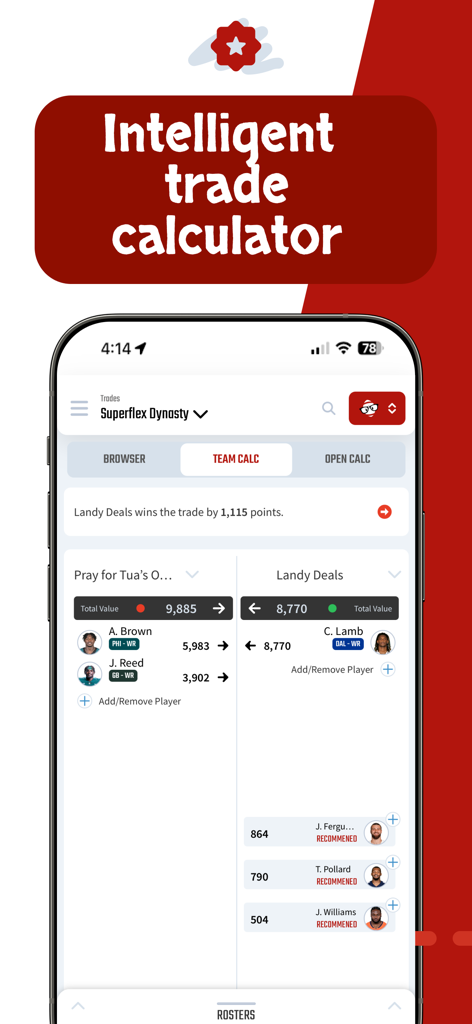 Interfaccia dell'app mobile Dynasty Nerds che mostra un calcolatore di scambi intelligente per i valori dei giocatori di football fantasy