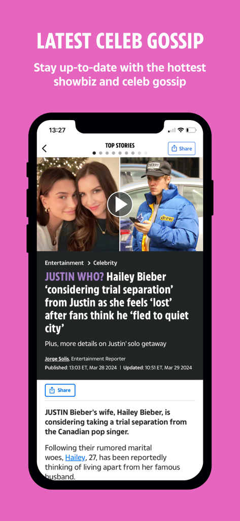 The US Sun app screen displaying latest celebrity gossip and entertainment news about Justin and Hailey Bieber.