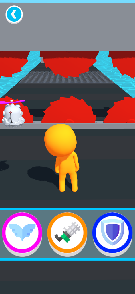 Robot Buddy 3D - Un personaje amarillo enfrentando obstáculos de sierra roja en Robot Buddy 3D