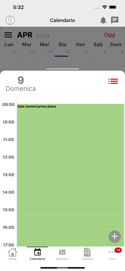 HR INAZ - Calendar view in the HR INAZ app showing a daily schedule and meeting room reservation