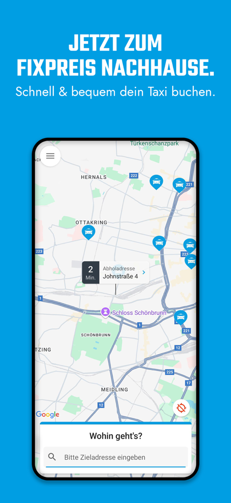 Taxi 31300: Dein Taxi Wien - Taxi 31300 app map interface showing available taxi locations and a destination search bar in Vienna