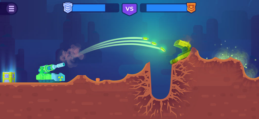 Tank Stars - Tank Starsでの2台の戦車による2D砲撃戦で、光る緑の砲弾と起伏のある地形