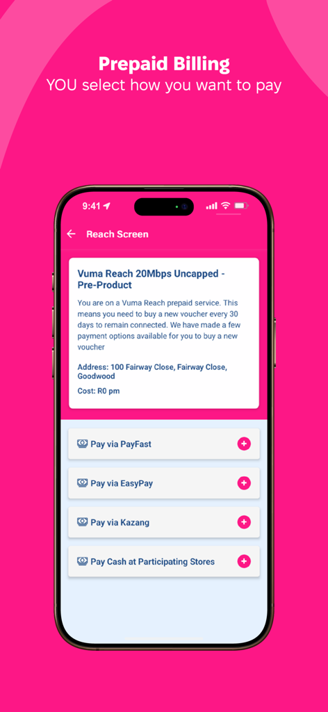 Webafrica app - A mobile screen showing prepaid billing details for a fiber internet service with various payment options including PayFast and EasyPay.