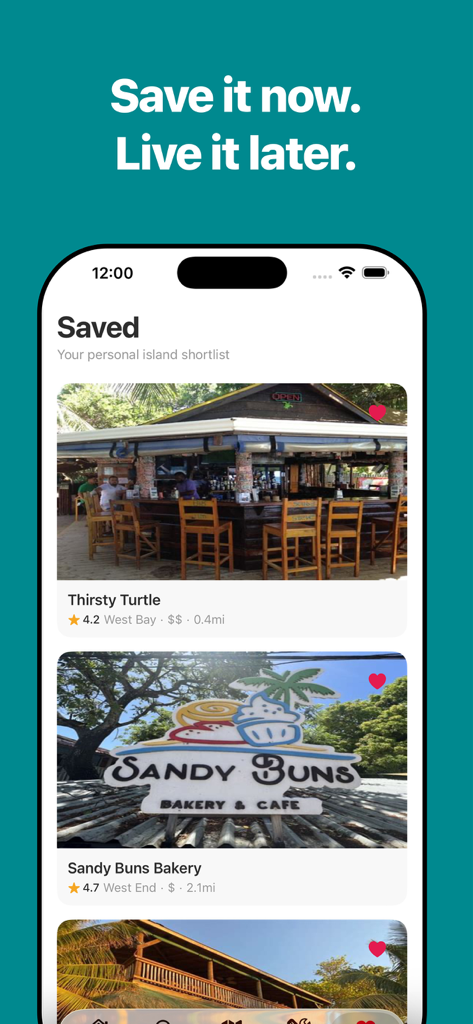Roatán Insider - Aplicación Roatan Insider mostrando una lista personal de lugares guardados en la isla como restaurantes y panaderías.
