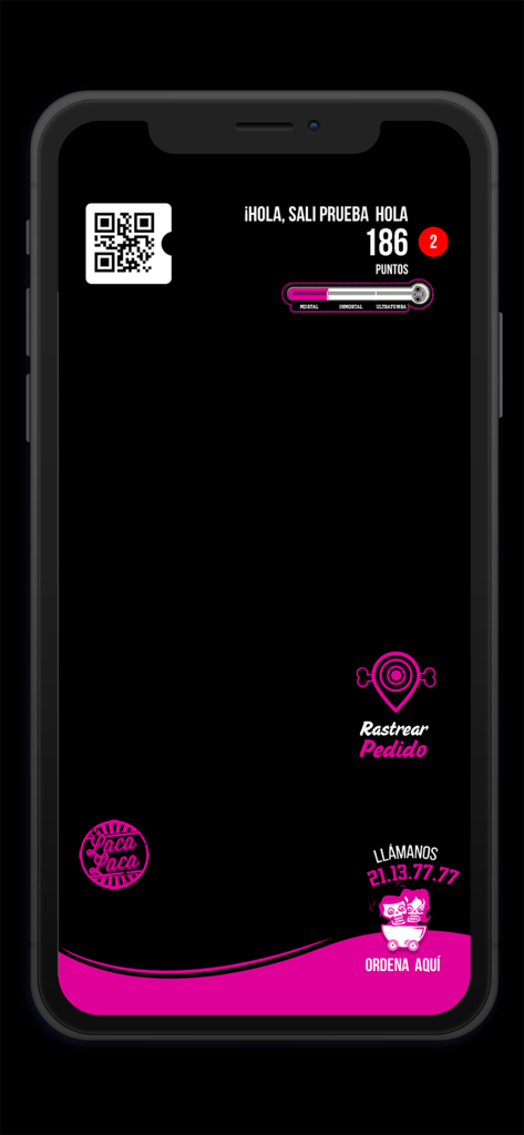 LACA LACA app interface showing loyalty points, QR code, and order tracking options on a black and pink theme.