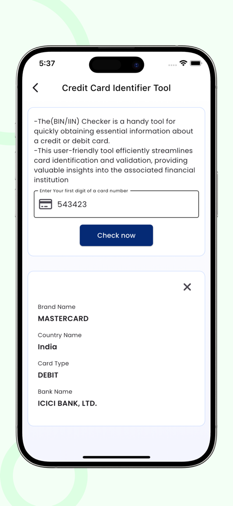 A screenshot of the credit card identifier tool displaying bank and card brand details from a BIN number lookup