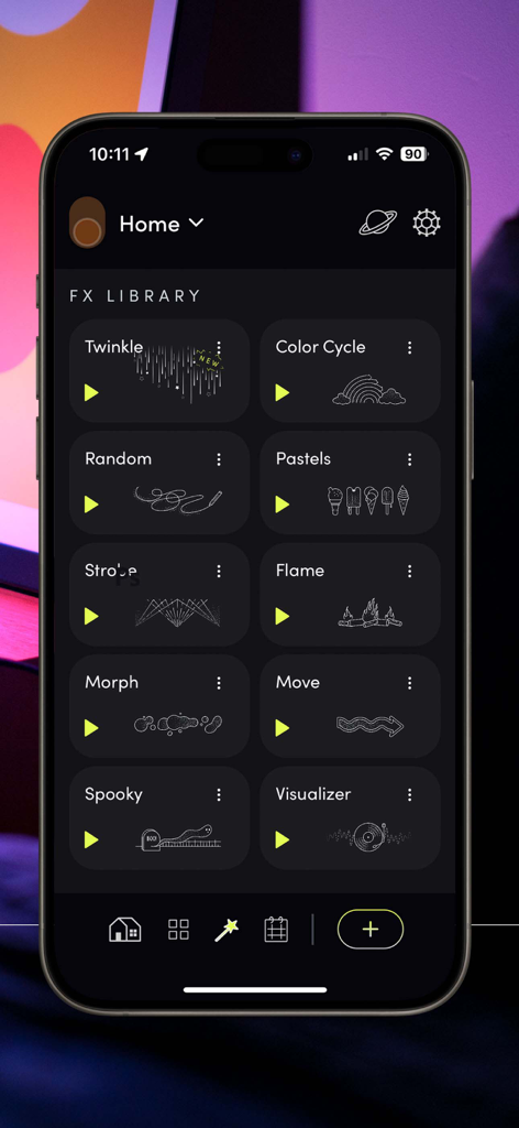 Interfaz de la app LIFX mostrando la Biblioteca de FX con varios efectos de iluminación como 'Twinkle Flame' y 'Visualizer'.