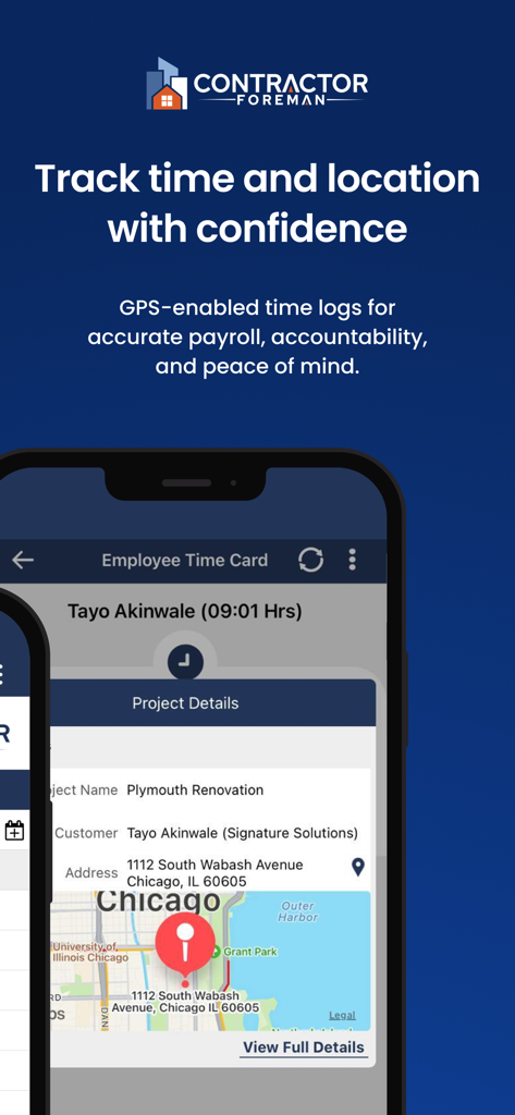 Écran de l'application Contractor Foreman montrant une feuille de temps d'employé avec suivi de localisation GPS pour un projet de construction.