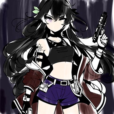 bad girl wearing crop top holding a gun long hair anime