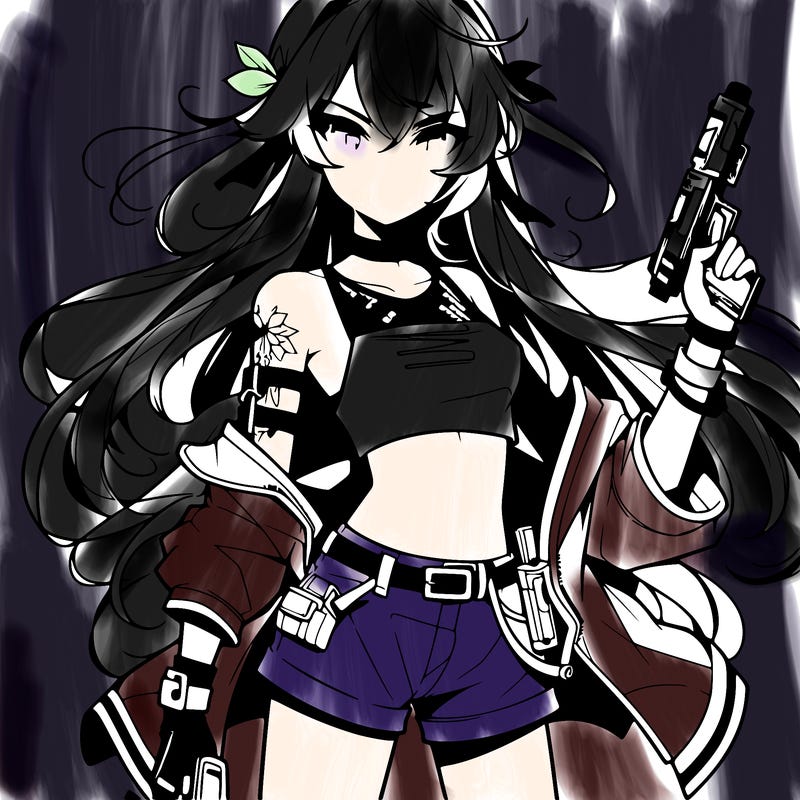 bad girl wearing crop top holding a gun long hair anime