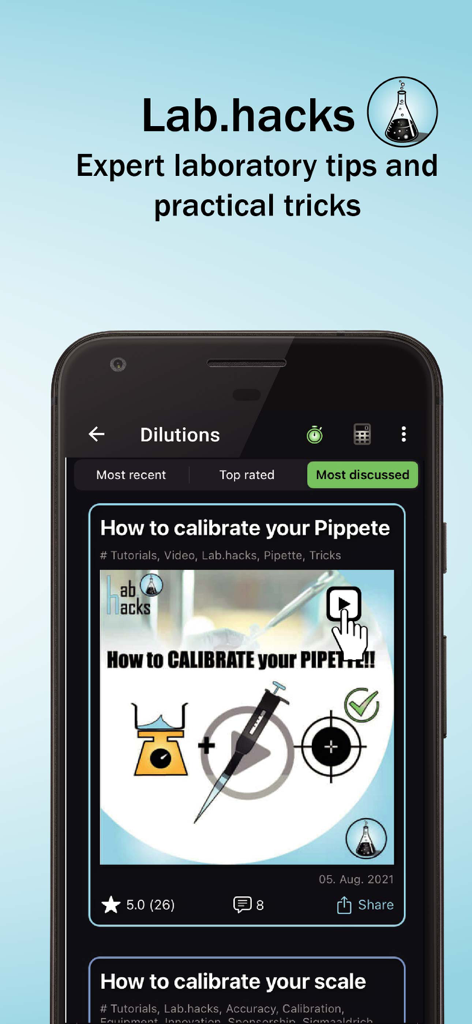 Lab.Hacks - Interface of Lab.Hacks app featuring laboratory tips and a pipette calibration tutorial