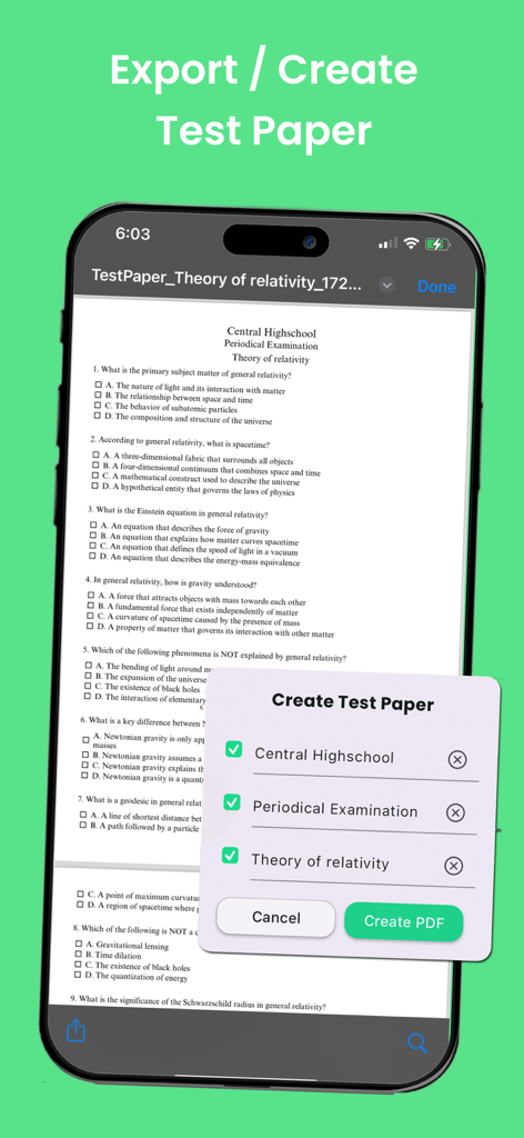 Quizziz: Quiz Maker Ai - A mobile interface of Quizziz showing how to create and export a PDF test paper