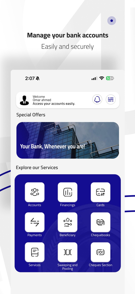 AIB Online - Panel de la aplicación móvil AIB Online que muestra varios servicios bancarios como pagos de cuentas y financiaciones.