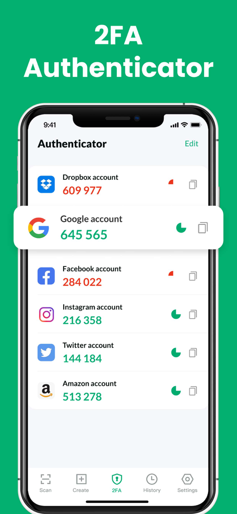 QR/Barcode Scanner for iPhone - iPhone app screen showing the 2FA authenticator feature with verification codes for multiple accounts