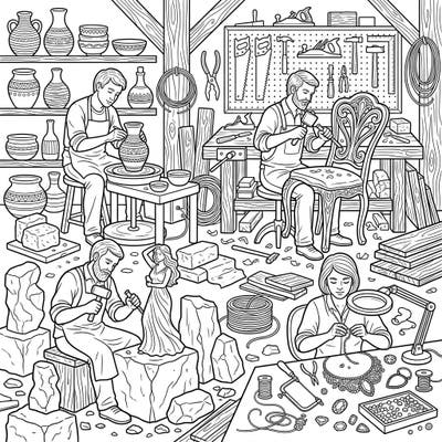 Step into a vibrant world of creation with this detailed coloring page showcasing skilled artisans. From pottery to jewelry making, this scene invites you to bring an active workshop to life with your colors.