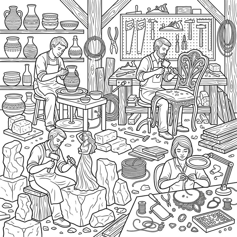 Step into a vibrant world of creation with this detailed coloring page showcasing skilled artisans. From pottery to jewelry making, this scene invites you to bring an active workshop to life with your colors.
