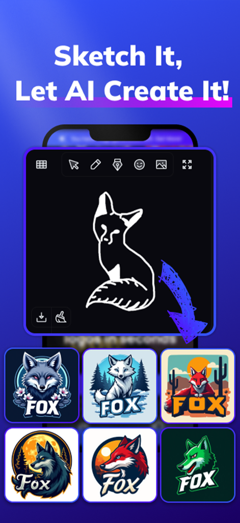 Sketch Logo AI: Logo Maker - App interface showing a fox sketch being transformed into various professional AI generated logos