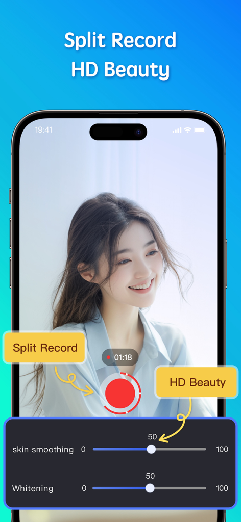 Teleprompter-Record Script - TeleprompterアプリでHD美容フィルターと肌スムージングスライダーが表示された動画録画インターフェイスを示すiPhone画面