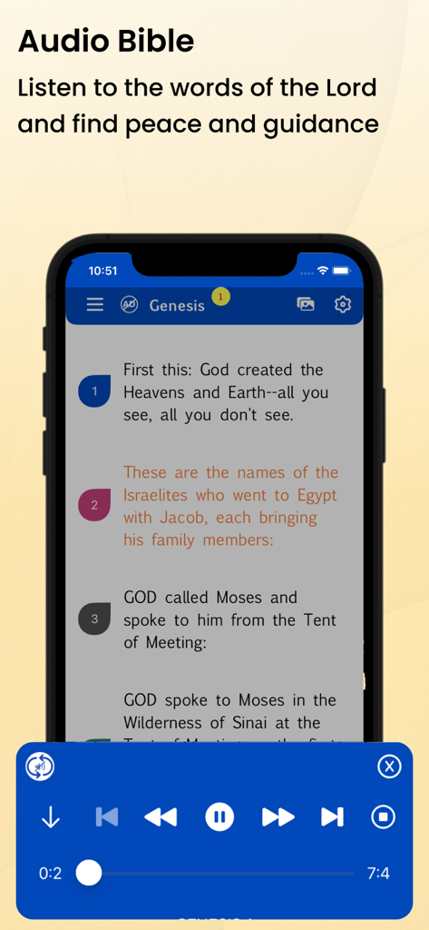 Screenshot of the Holy Bible Message Bible app showing the Audio Bible feature with playback controls and scripture text