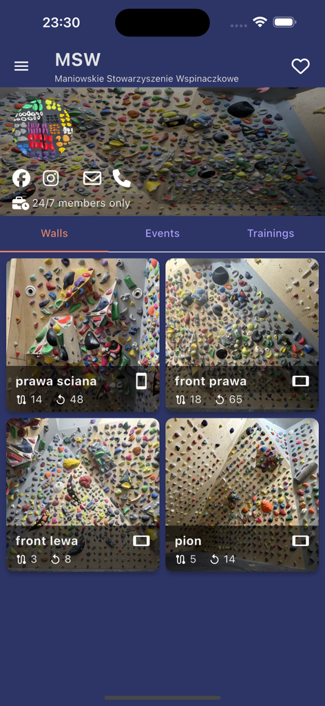 Just Climb app interface showing available bouldering walls at a climbing gym