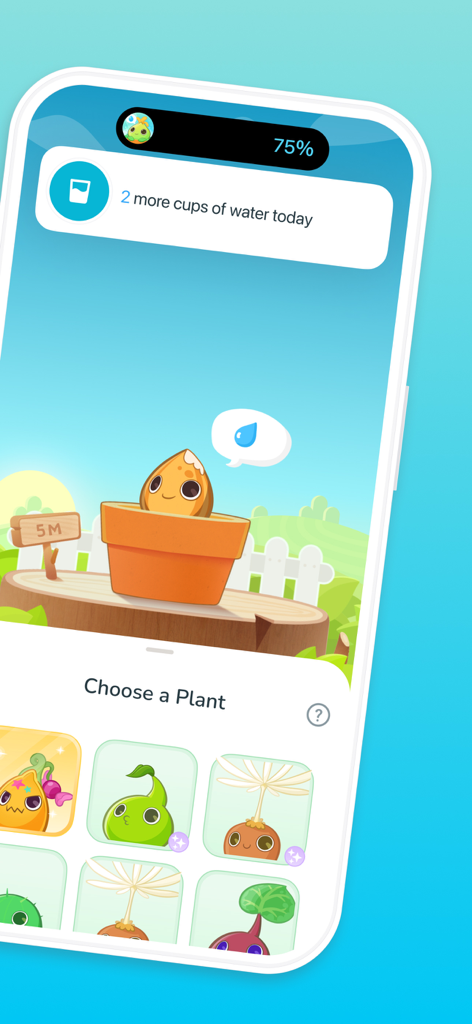 Plant Nanny water tracker app screen with a hydration reminder and adorable plant characters