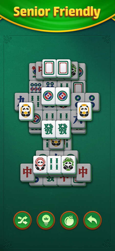 Pantalla de juego de Match Mahjong con azulejos grandes y un banner amigable para personas mayores