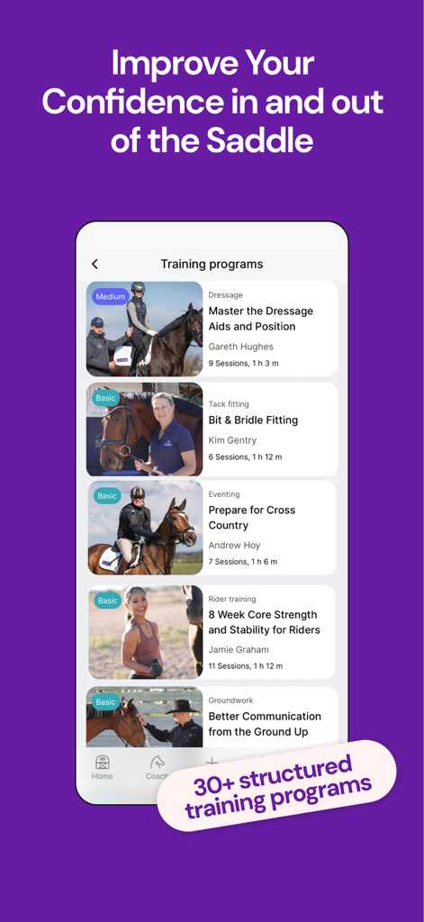 Equestrian training programs for dressage and riding confidence in the Ridely app