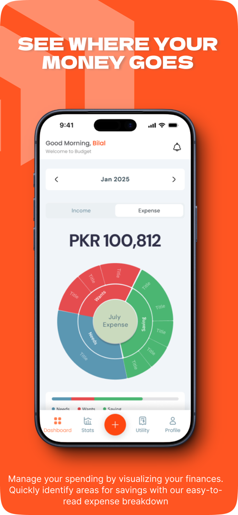 KYE: Know Your Expenses - KYE mobile app dashboard showing a visual breakdown of monthly expenses with a circular chart.