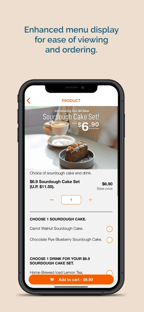 Souperholic Mobile App-Menüanzeige für ein Sauerteigkuchen-Set mit Auswahlmöglichkeiten und Schaltfläche zum Hinzufügen zum Warenkorb