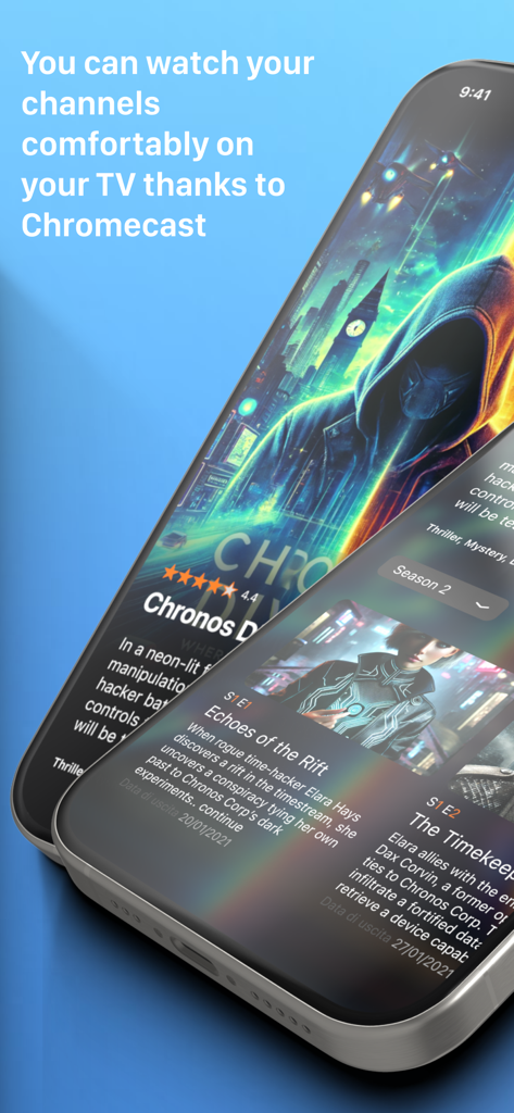 IP Television - IPTV M3U - IP Television app interface showing series details and Chromecast support information