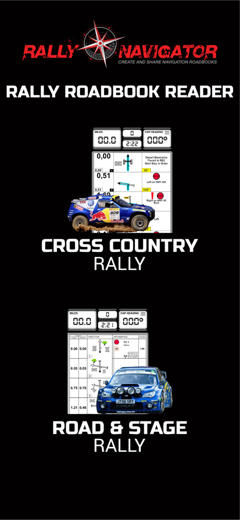 Digital roadbook displays for cross country and road stage rally navigation featuring rally vehicles.