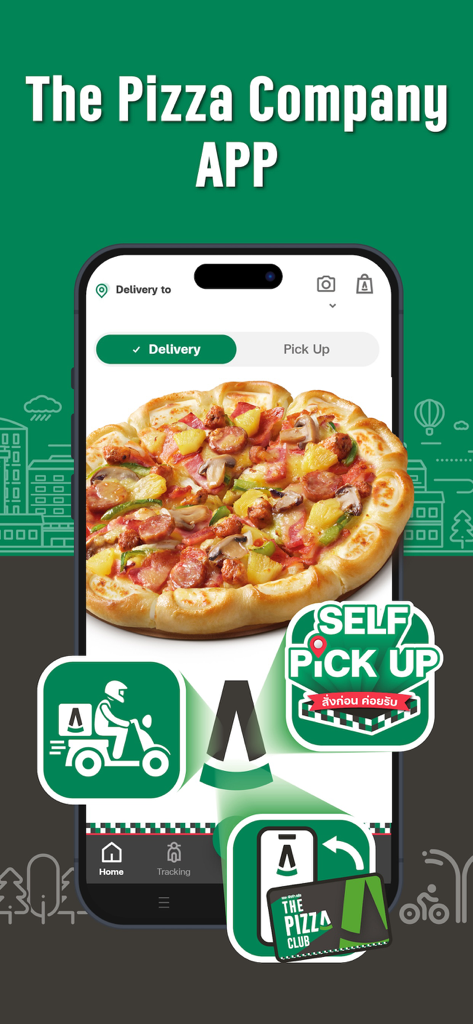 The Pizza Company 1112. - スマートフォン画面にデリバリーとテイクアウトの注文オプションが表示された、グルメピザが映るザ・ピザ・カンパニーのモバイルアプリ。