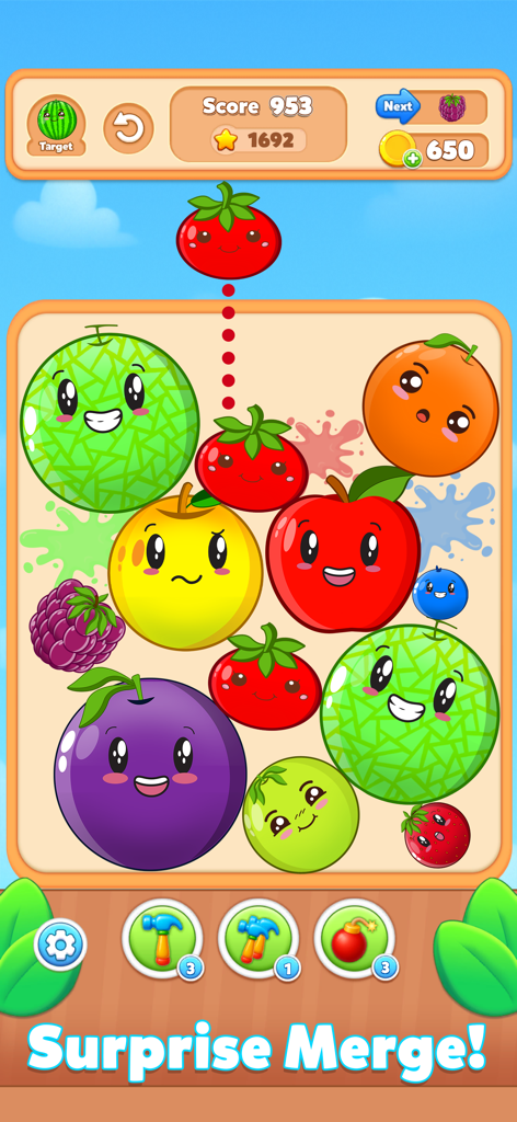 Fruit Match Juicy Drop Merge - Gameplay screen of Fruit Match Juicy Drop Merge showing cute fruits with faces being merged in a puzzle container