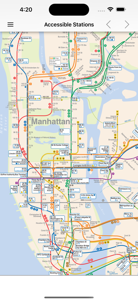 NYC Metro Map + - NYC U-Bahn-Kartenoberfläche, die barrierefreie Bahnhöfe mit Rollstuhlsymbolen in Manhattan zeigt