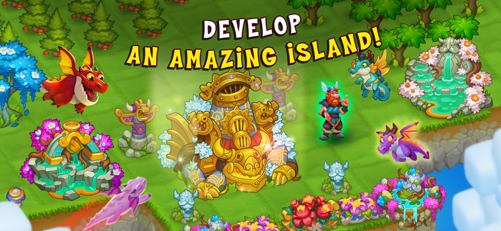 Gameplay screenshot of World Above showing dragons and mythological buildings on a floating island with the text Develop an amazing island
