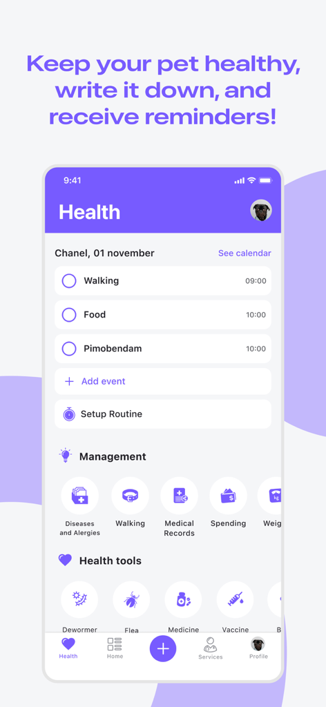Flockr app health dashboard showing daily routine reminders for a pet including walking feeding and medication.