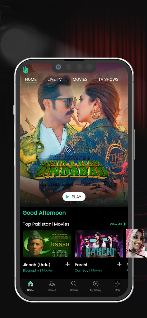Interface of the Vidly app showing the home screen with top Pakistani movies like Jinnah and Parchi