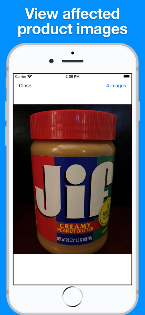 Screenshot showing a jar of peanut butter as an example of a recalled product in the app